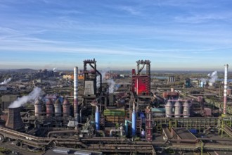 Two blast furnaces in a steel plant in North Rhine-Westphalia, Germany, Europe
