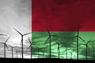 Madagascar flag wind farm at sunset, sustainable development, renewable energy Wind Turbines