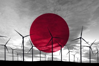Japan flag wind farm at sunset, sustainable development, renewable energy Wind Turbines