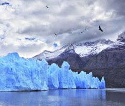 Journey to the End of the World. Chilean Patagonia in the clouds and sunshine. Blue Ice Glacier