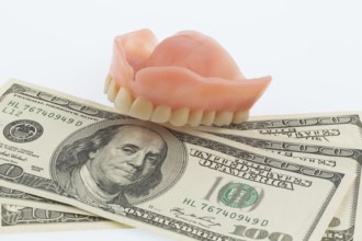 Dentures and dollar notes, symbol photo for dentures, treatment costs and co-payment