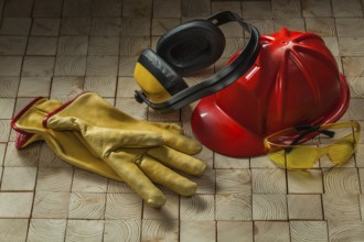 Construction safety tools leather gloves red helmet goggles and earphones on wooden background