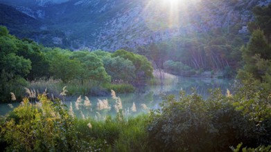 View on the nature and landscape of river Embalse de Gaitanejo on the hiking path Caminito Del Rey