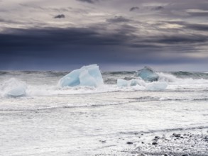 Diamond Beach, icebergs in the surf, near Jökulsarlon glacier lagoon, Vatnajökull National Park,