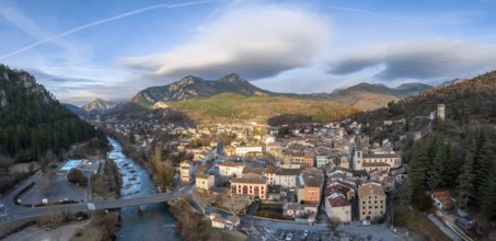 An aerial landscape view of the French village of Castellane in the Upper Verdon Gorge