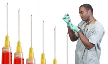 Black African American medical doctor preparing an injection in a syringe