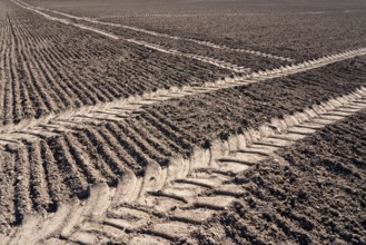 Tractor tracks, agricultural trails at a cultivated field in springtime, farmland near Wesertal,
