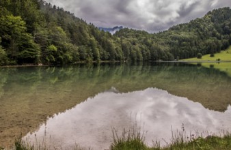 Alatsee, natural lake west of Füssen in the district of Ostallgäu. The lake is up to 35m deep and