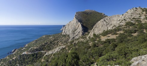 Mountains on the Black Sea coast of Crimea. The coast between Sudak and Novyy Svet. Sunny day at