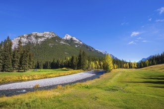 Sunny autumn day in the Canadian Rockies. Dry creek in a mountain valley Banff park