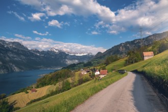 Spring landscape with country road toward a village, near Walensee lake and the Alps mountains,