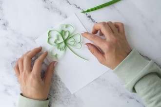 Diy St. Patricks Day greeting card made of Quilling and paper clovers on white background. Gift