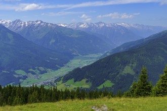 View of wide valley and snow-covered mountains, an idyllic summer day, Mittersell, Hohe Tauern,