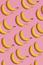 Food design. Pattern composition of a pair of bananas lying next to a pink background. Mock up, top