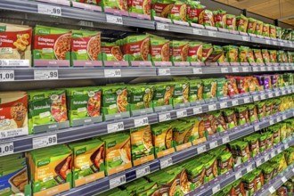 Shelf with ingredients in bags for various dishes in a wholesale store, Kempten, Allgäu, Bavaria,