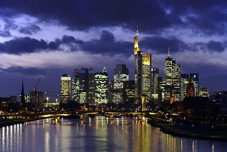 Evening mood, skyline of the banking district, Frankfurt am Main, Hesse, Germany, Europe