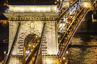 Szechenyi Chain Bridge night view (Budapest, Hungary). Shooting Location: Hungary, Budapest