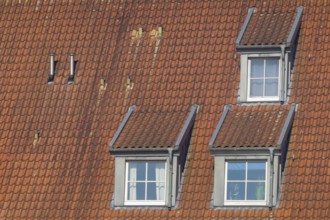 Close-up view of a sloped roof featuring red clay tiles, three dormer windows, and two chimneys