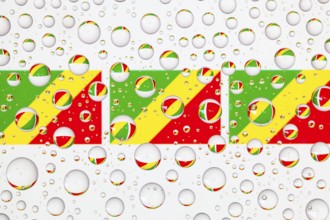 Flags of Congo behind a glass covered with raindrops. 3D illustration