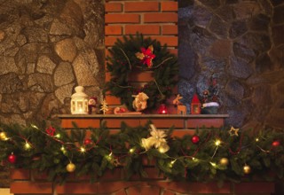 Christmas wreath and garland on the fireplace