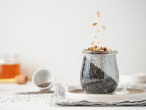 Healthy breakfast concept and idea - two colors chia pudding with organic raw almond. Glass jar