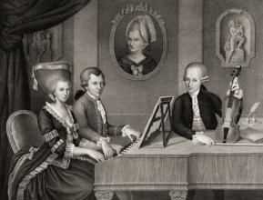 Wolfgang Amadeus Mozart with his sister Maria Anna Nannerl and father Leopold, on the wall a