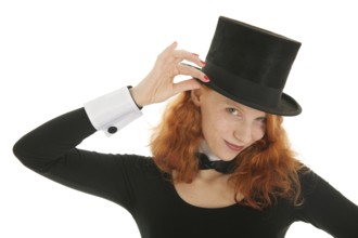 Woman as dandy with black hat isolated over white background