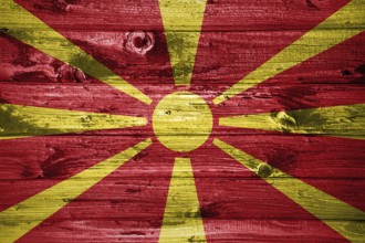 North Macedonia flag on wooden planks background wood flag