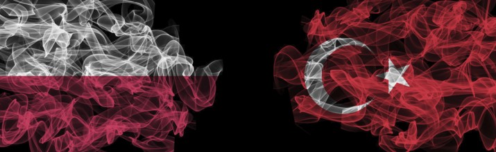 Flags of Poland and Turkey on Black background, Poland vs Turkey Smoke Flags