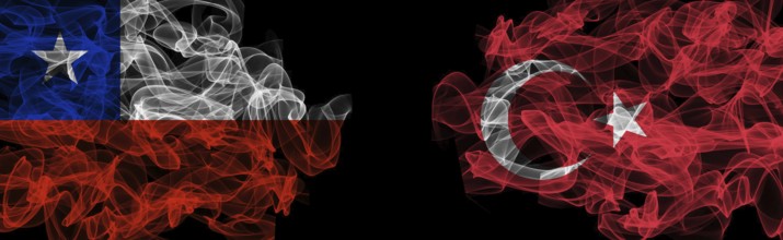 Flags of Chile and Turkey on Black background, Chile vs Turkey Smoke Flags
