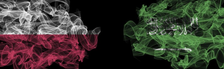 Flags of Poland and Saudi Arabia on Black background, Poland vs Saudi Arabia Smoke Flags