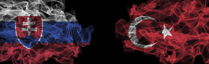 Flags of Slovakia and Turkey on Black background, Slovakia vs Turkey Smoke Flags