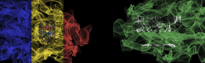 Flags of Moldova and Saudi Arabia on Black background, Moldova vs Saudi Arabia Smoke Flags