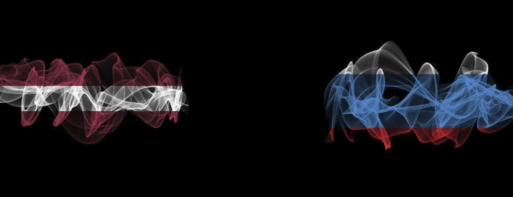 Flags of Latvia and Russia on Black background, Latvia vs Russia Smoke Flags