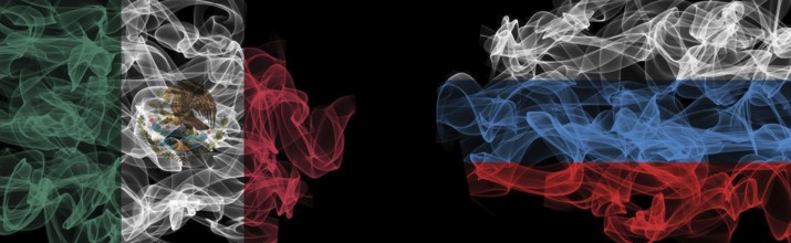 Flags of Mexico and Russia on Black background, Mexico vs Russia Smoke Flags