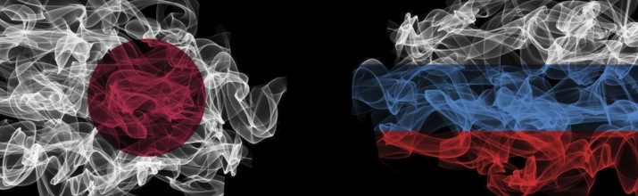 Flags of Japan and Russia on black background, Japan vs Russia smoke flags