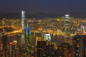 Hong Kong at night. View of Victoria Harbour and Hong Kong Central. Taken from Victoria Peak