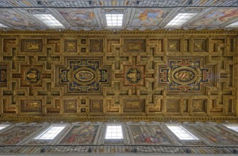 Ornately decorated Renaissance ceiling with gold and intricate frescoes, Basilica of Saint Mary of