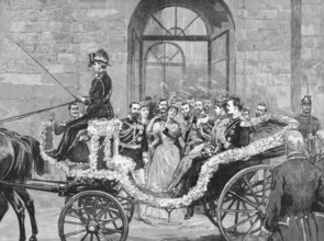 The departure of the bride and bridegroom to the castle of Kranichstein. Engraving published by the