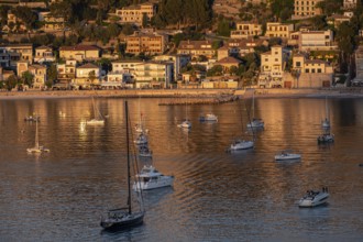 Anchored boats at the sunset, Soller port, Mallorca, Balearic Islands, Spain, Europe