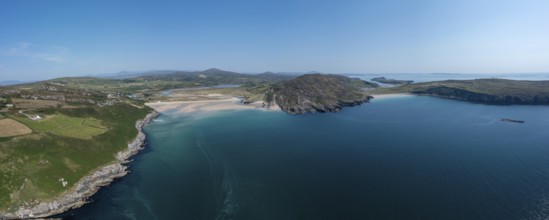 A panorama aerial view of Barley Cove Beach on the Mizen Peninsula of West Cork in Ireland