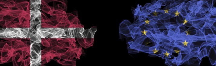 Flags of Denmark and EU on Black background, Denmark vs Europe Union Smoke Flags