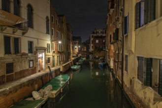 Midnight at a Canal in Cannaregio, nobody on the Street, Venice, Italy, Europe
