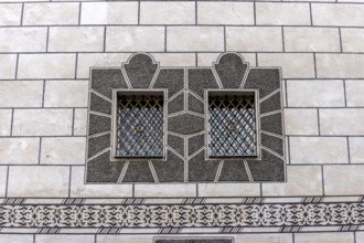 Detail with windows and black and white façade of the Kornhaus, Ulm, Baden-Württemberg, Germany,