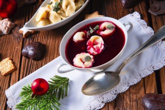 Traditional Polish Christmas Eve borscht with dumplings