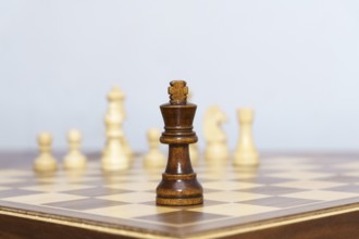 Chess king piece in the foreground during a game with a white background