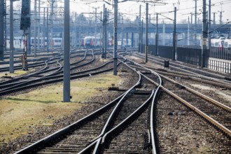 Austria, Upper Austria, Linz, Wels . Railway tracks seen from a moving train between Linz and Wels