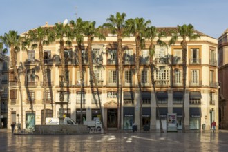 Malaga, Spain, April 2016: view on the Plaza de la Constitución, looking at the Avalunion building,