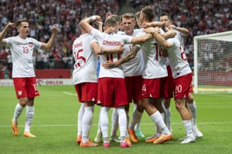 WARSAW, POLAND - JUNE 16, 2023: Friendly football match Poland vs Germany 1:0. Team of Poland joy