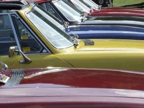 Hebden Bridge, West Yorkshire, England, August 4 2018: Close up of the bonnets and windscreens of a